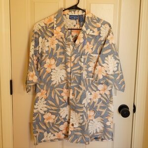 Vintage OP Men's Floral Short-Sleeve Button-Down Shirt in Blue and Peach